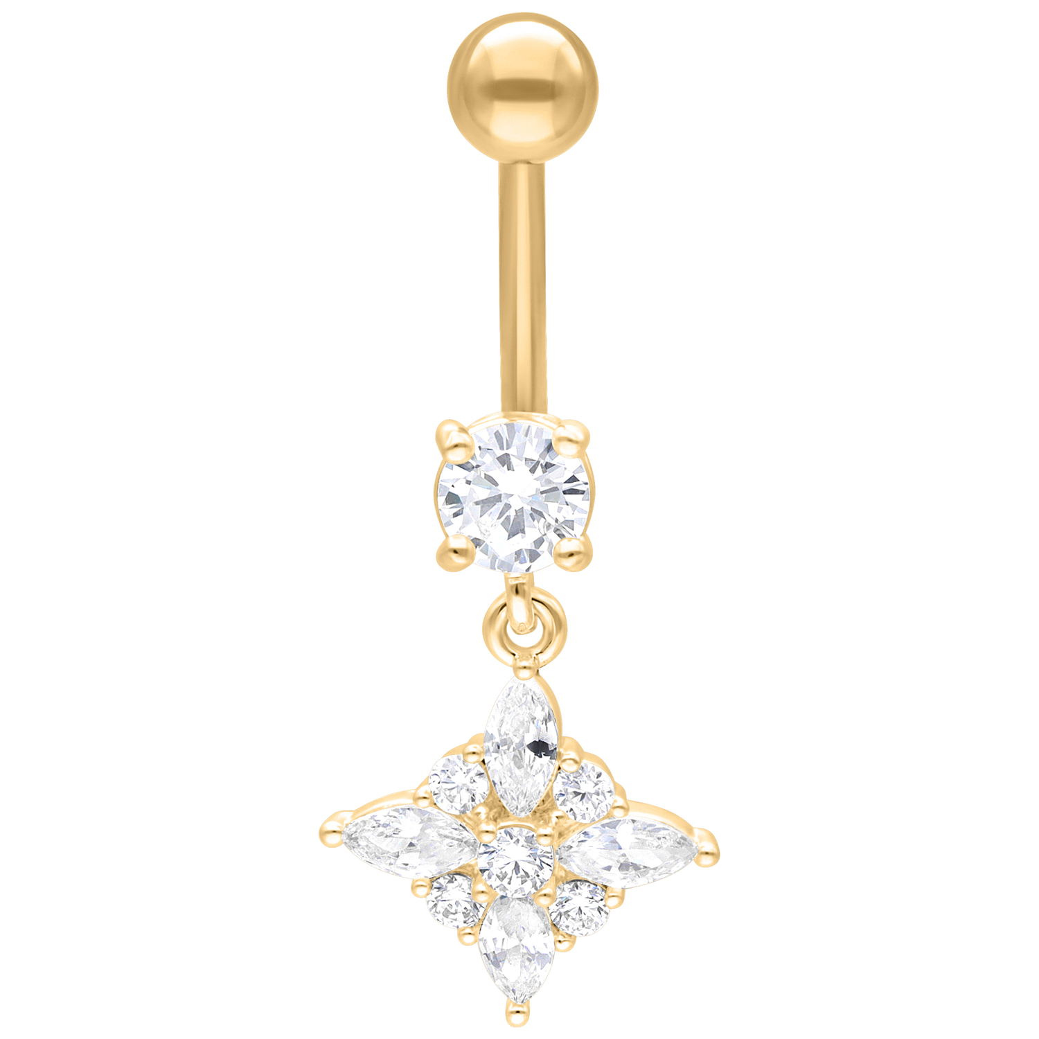 Goldenes Bananabell mit klarem Kristallanhänger auf weißem Hintergrund