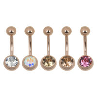 Bauchnabel Bananabell in Roségold mit fünf verschiedenen Kristallfarben auf weißem Hintergrund