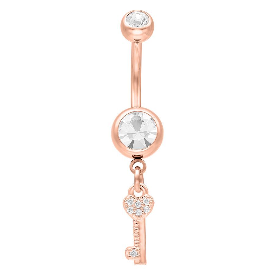 Roségoldenes Bauchnabelpiercing mit Kristall und Schlüssel-Anhänger auf weißem Hintergrund