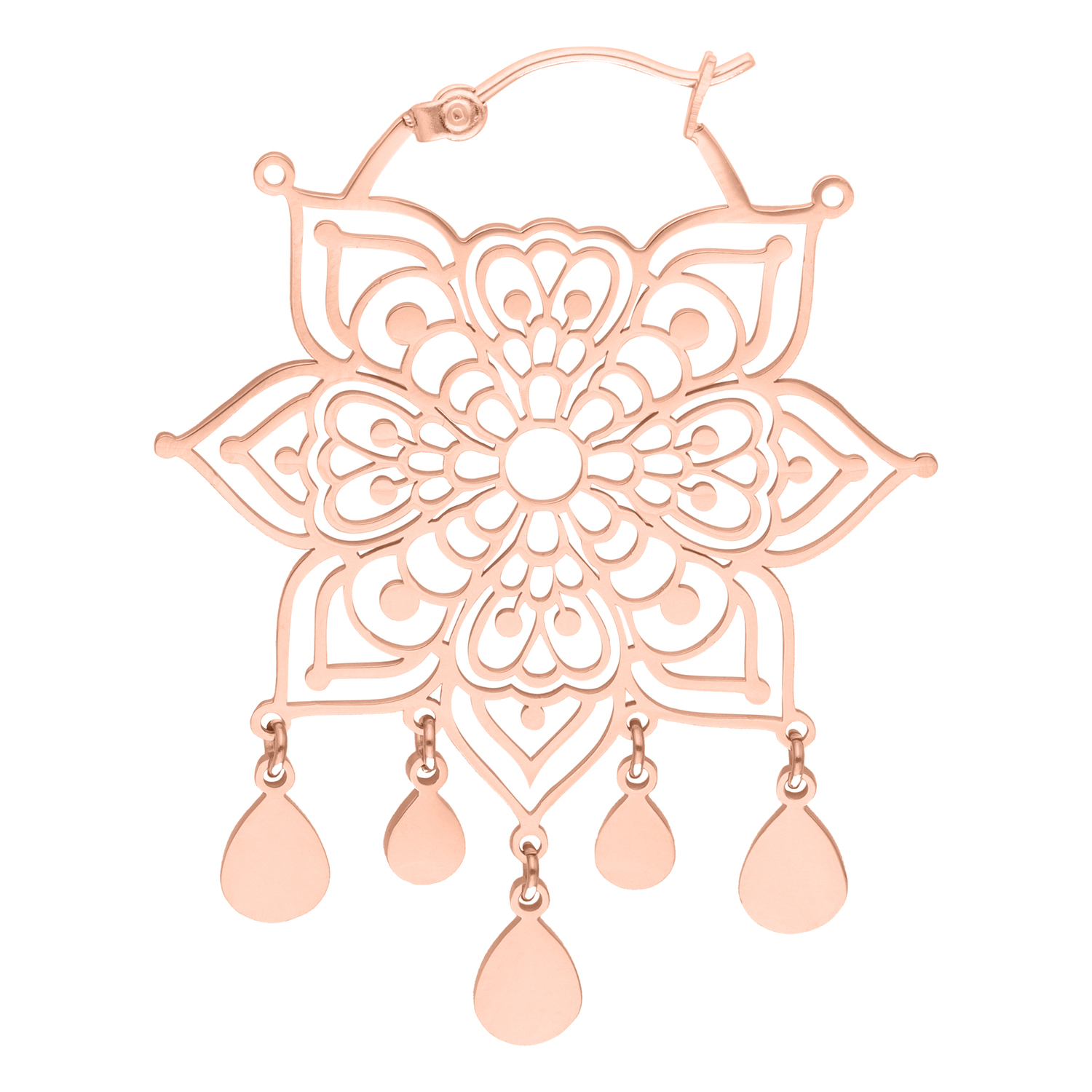 Roségoldene Mandala-Ohrringe aus Edelstahl auf weißem Hintergrund