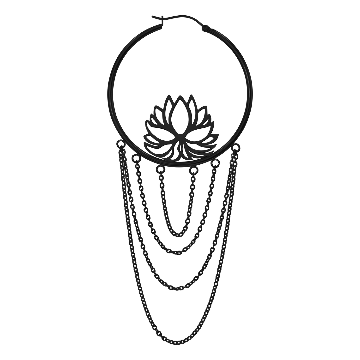 Schwarzer Ohrring mit Lotusmotiv und Kettendetails auf weißem Hintergrund