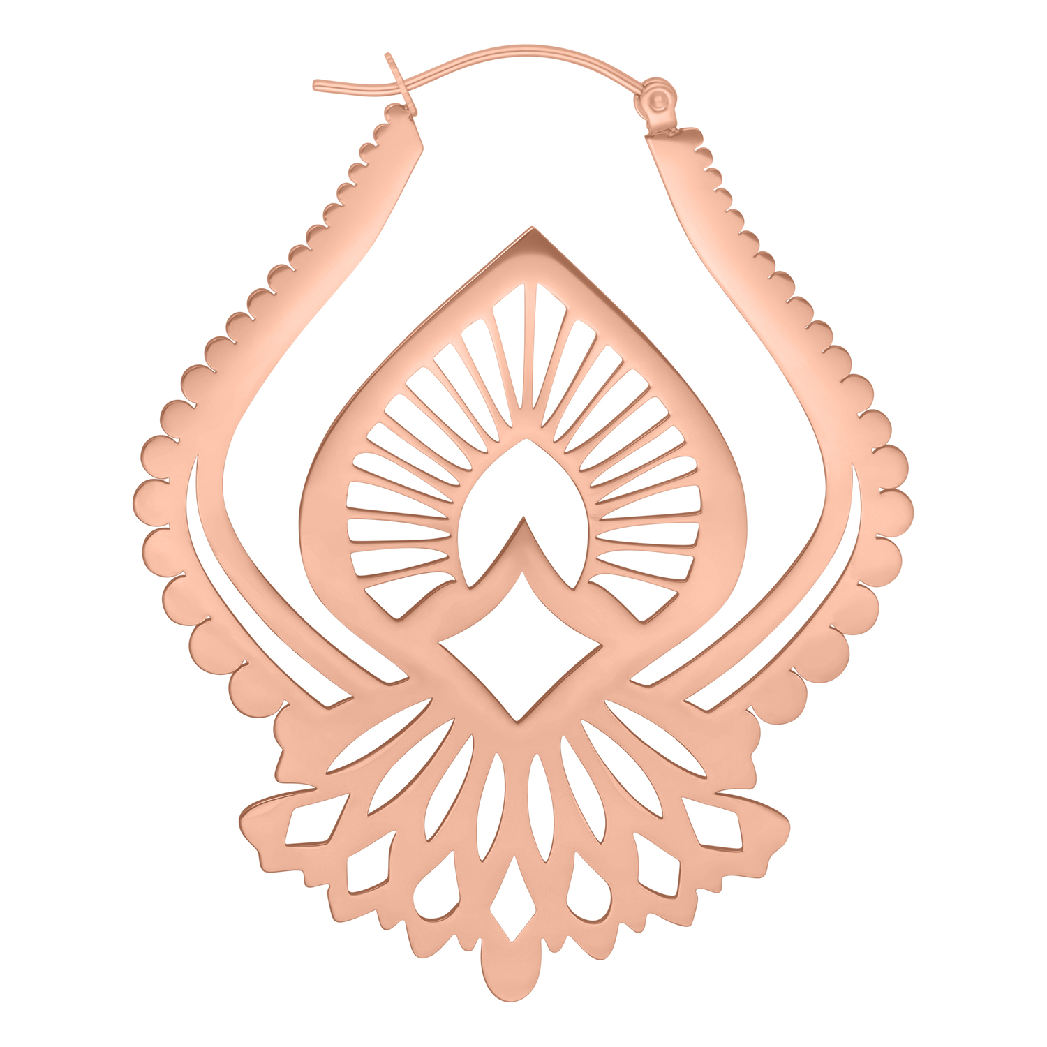 Roségoldene Ohrringe in Tropfenform aus Edelstahl auf weißem Hintergrund