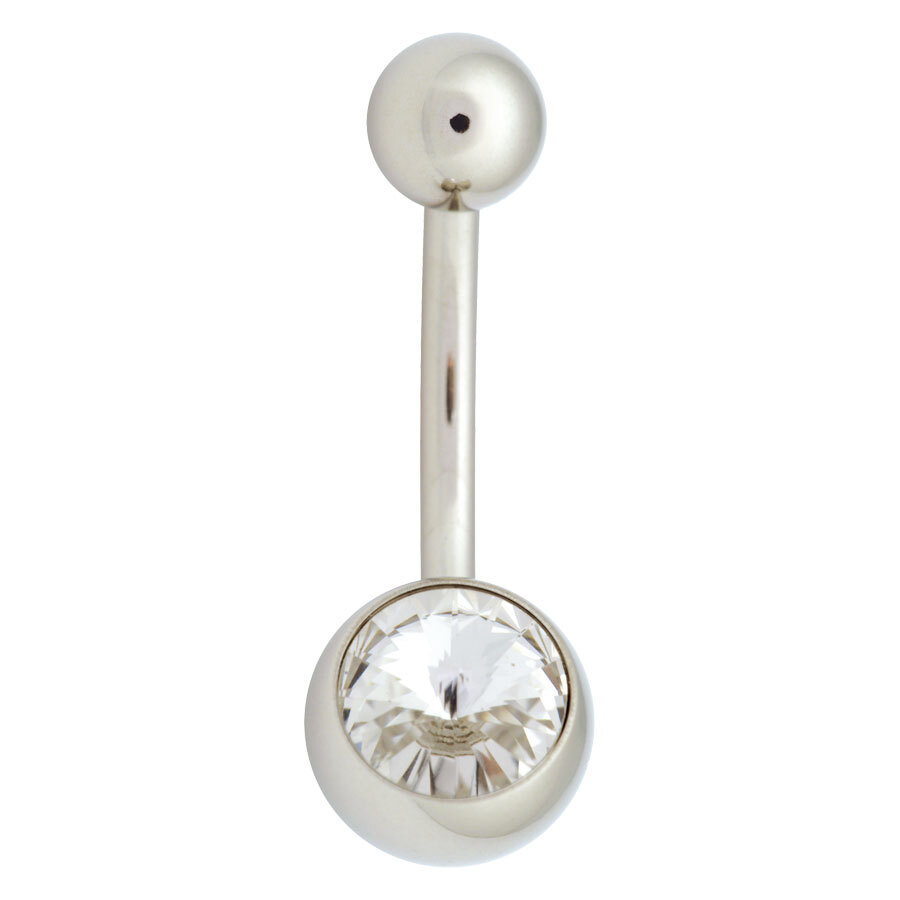Silberner Bauchnabel Bananabell mit klarem Kristall auf weißem Hintergrund