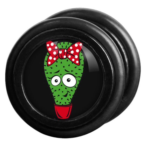 Schwarzer Fake Plug mit Kaktus-Motiv und roter Schleife auf schwarzem Hintergrund