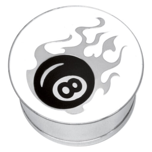 Steel Basicline® Single Flared Impression Plug "Flaming Eightball on White"