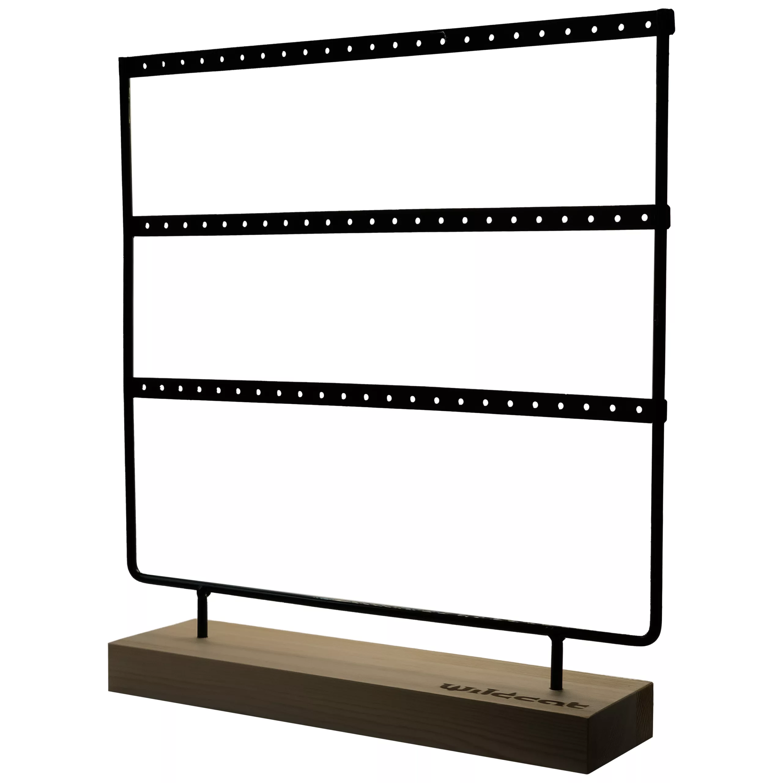 Schwarzes Display mit drei Reihen zur Präsentation von Ringen auf rechteckigem Holzsockel