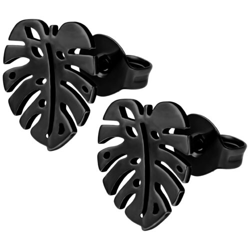 Monstera Earstuds Pair - Black Metal