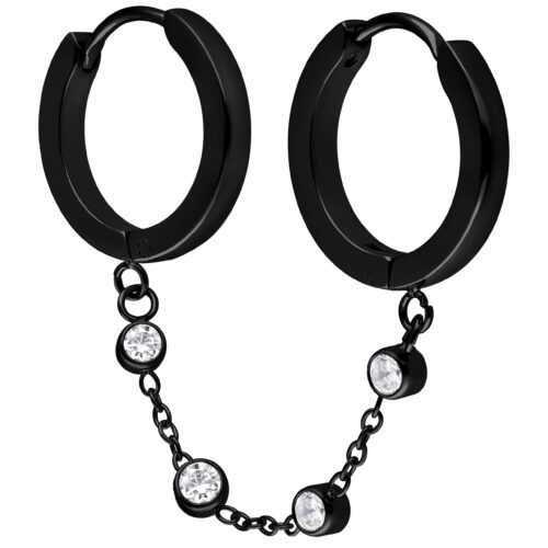 Double Huggie Connected Crystal Chain Hoops - Black Metal