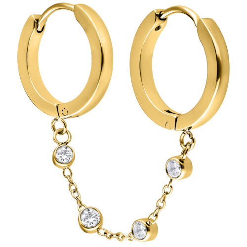 Double Huggie Connected Crystal Chain Hoops - Golden Metal