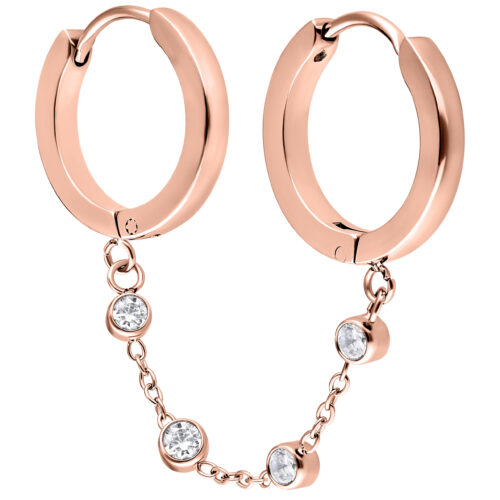 Double Huggie Connected Crystal Chain Hoops - Rosegold