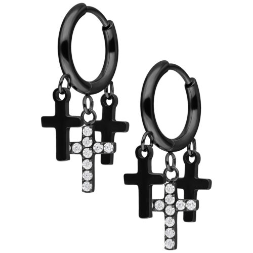 Little Dangling Cross Hoops - Black Metal