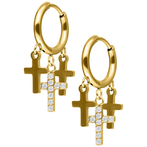 Little Dangling Cross Hoops - Golden Metal