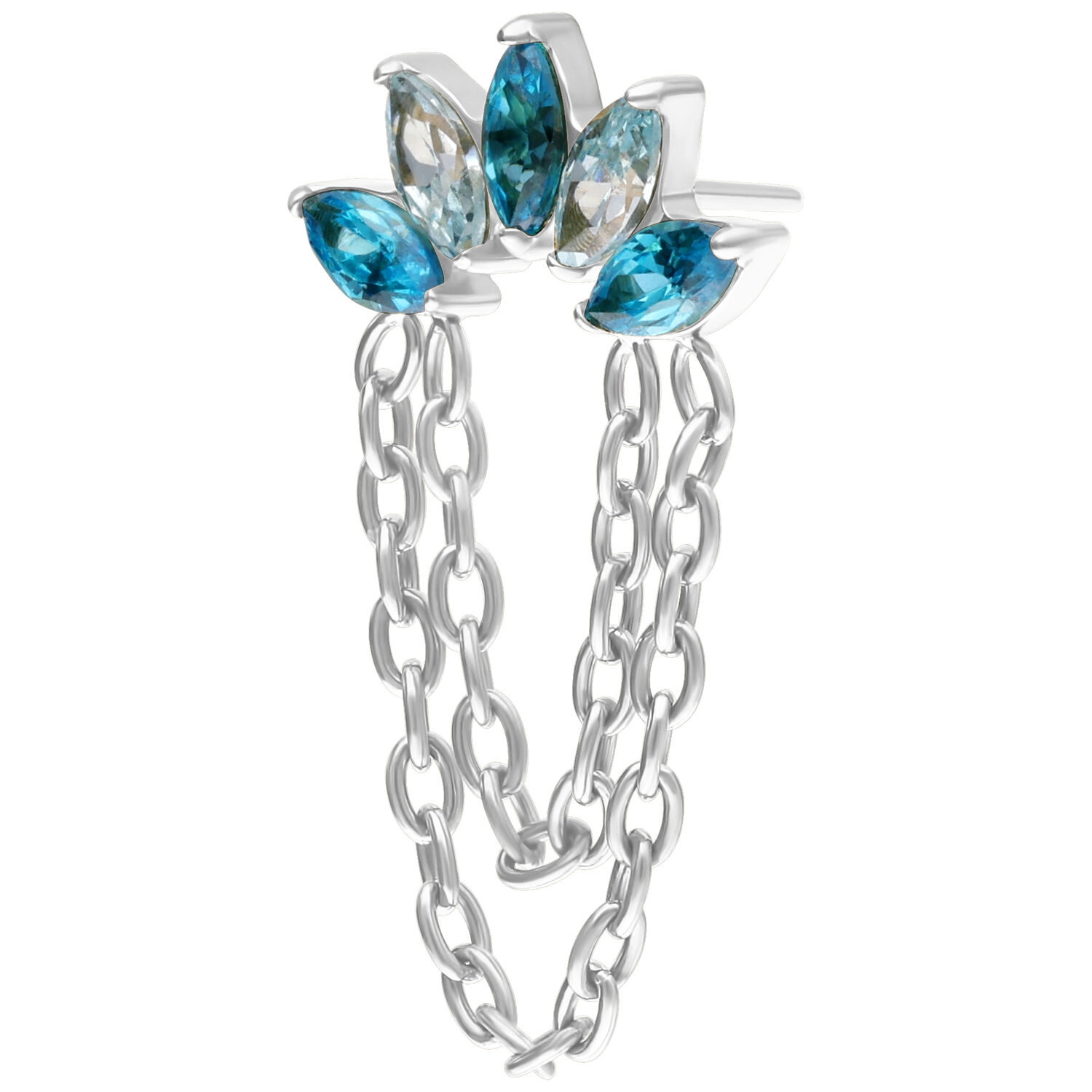 Silberner Push Fit Aufsatz mit blauen und klaren Kristallen und Ketten