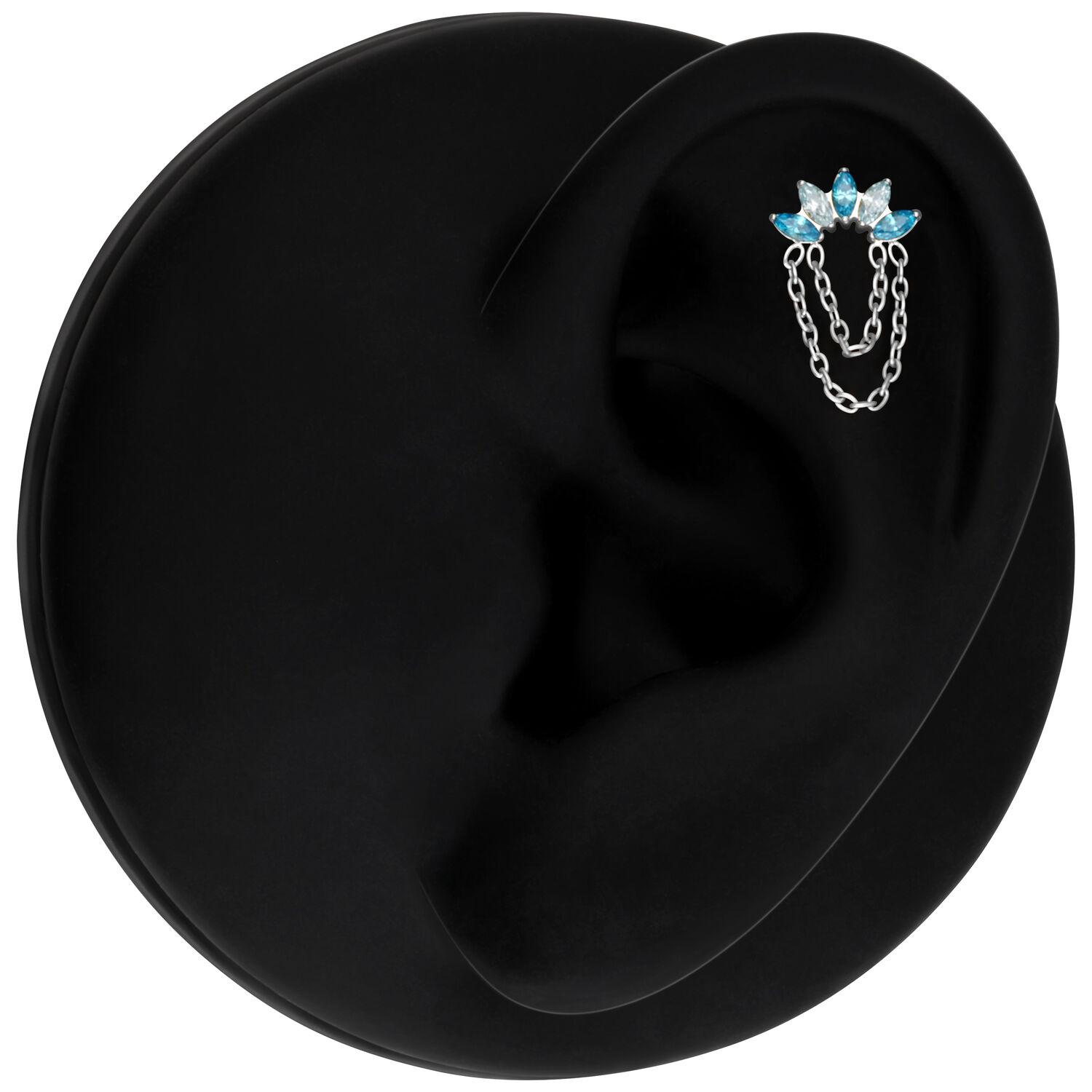 Silberner Push Fit Aufsatz mit Lavendel und Türkis Kristallen auf schwarzem Hintergrund