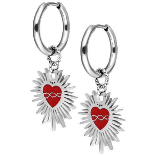 Enamel Sacred Heart Barbed Wire Hoops Pair - Silvercoloured Metal