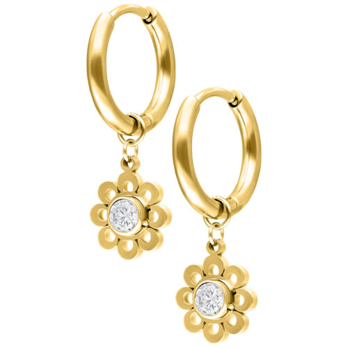 Mini Crystal Flower Hoops Pair - Golden Metal