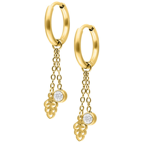 Mini Crystal Leaf Hoops Pair - Golden Metal