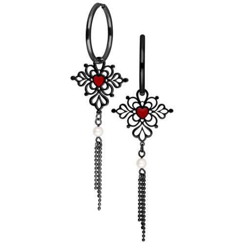 Little Sacred Heart Enamel Hoops Pair - Black Metal
