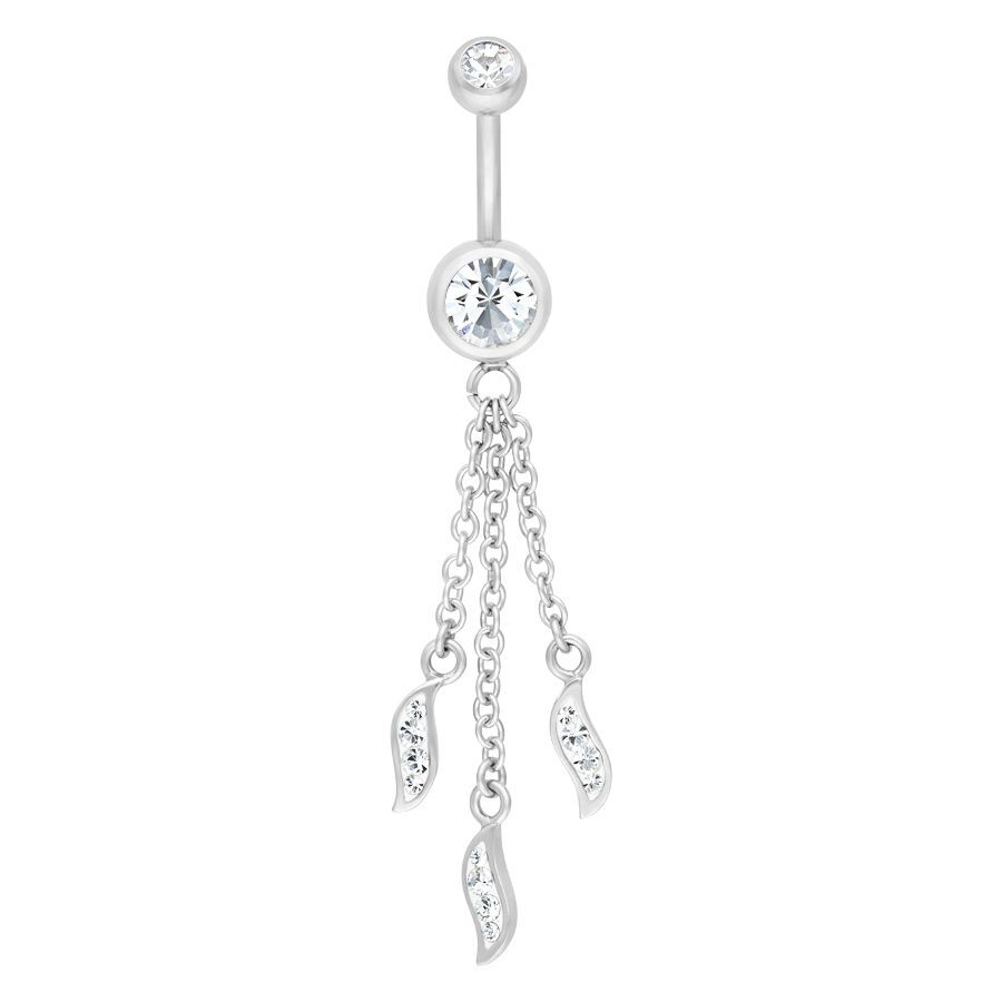 Silbernes Waves Bananabell mit Kristallen Silbernes Bauchnabel Bananabell mit klaren Kristallen und Kettendetails auf weißem Hintergrund