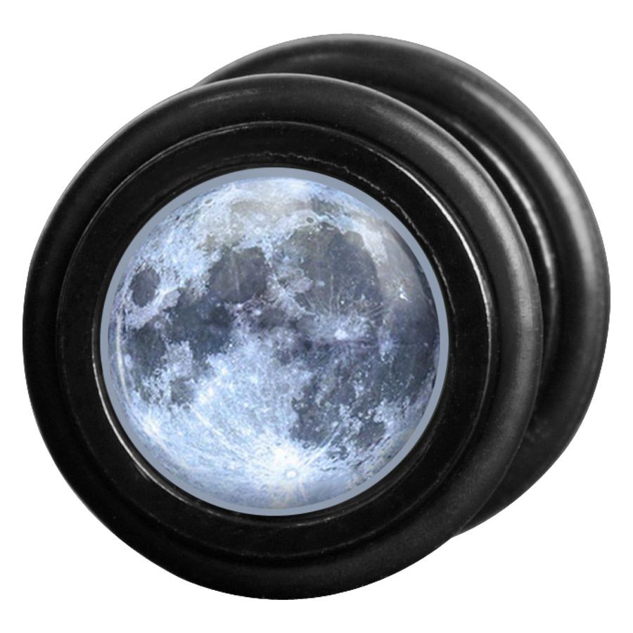 Schwarzer Moon Fake Plug aus Stahl Schwarzer Fake Plug aus Chirurgenstahl mit Mondmotiv auf weißem Hintergrund