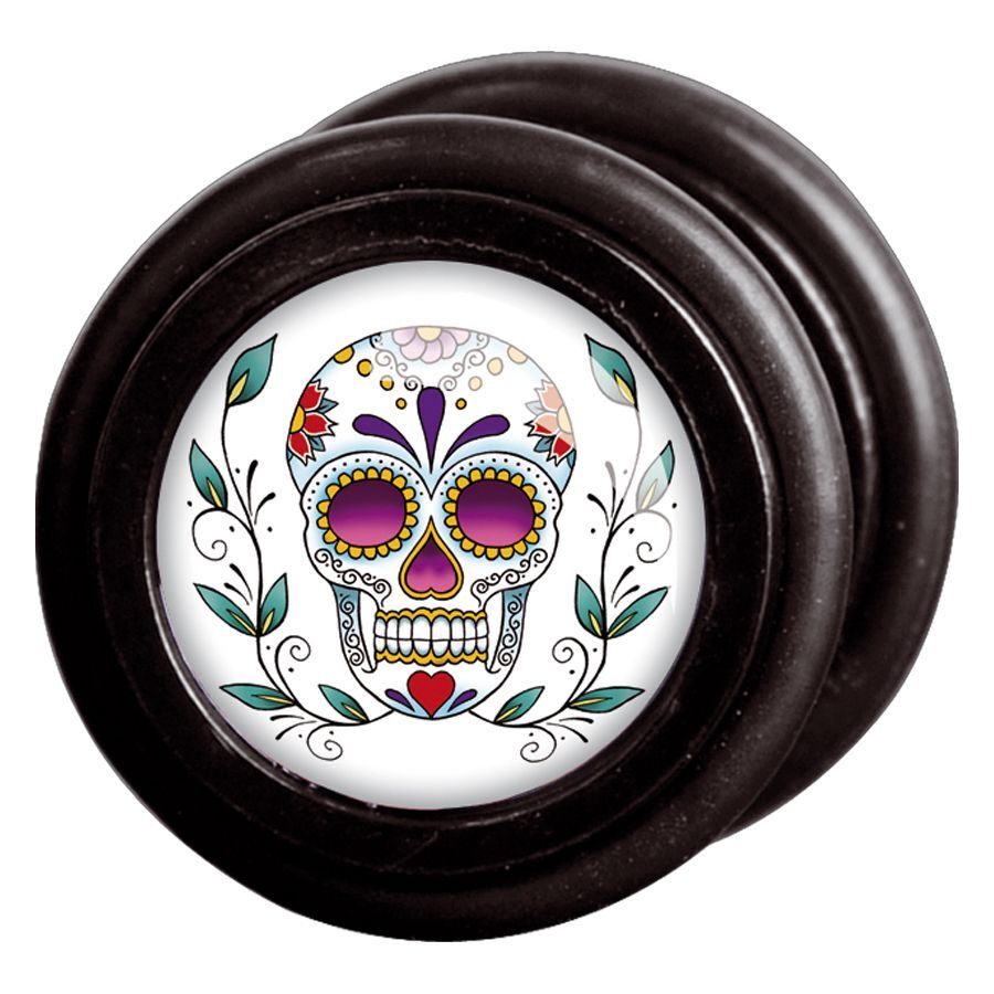 Weiße Mexican Skull Fake Plug Schwarze Fake Plug mit weißem Mexican Skull Design und bunten Blumen