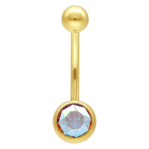 Goldenes Bauchnabel Bananabell mit schimmerndem Aurora Boreale Kristall auf weißem Hintergrund