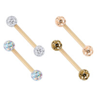 Vier goldene Piercings mit verschiedenen Kristallfarben auf weißem Hintergrund