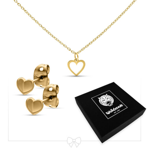 Heart Necklace with Earstuds Set - Golden Metal