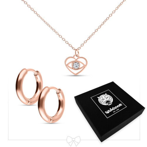 Little Dangling Eye Necklace with Hoops Set - Rosegold