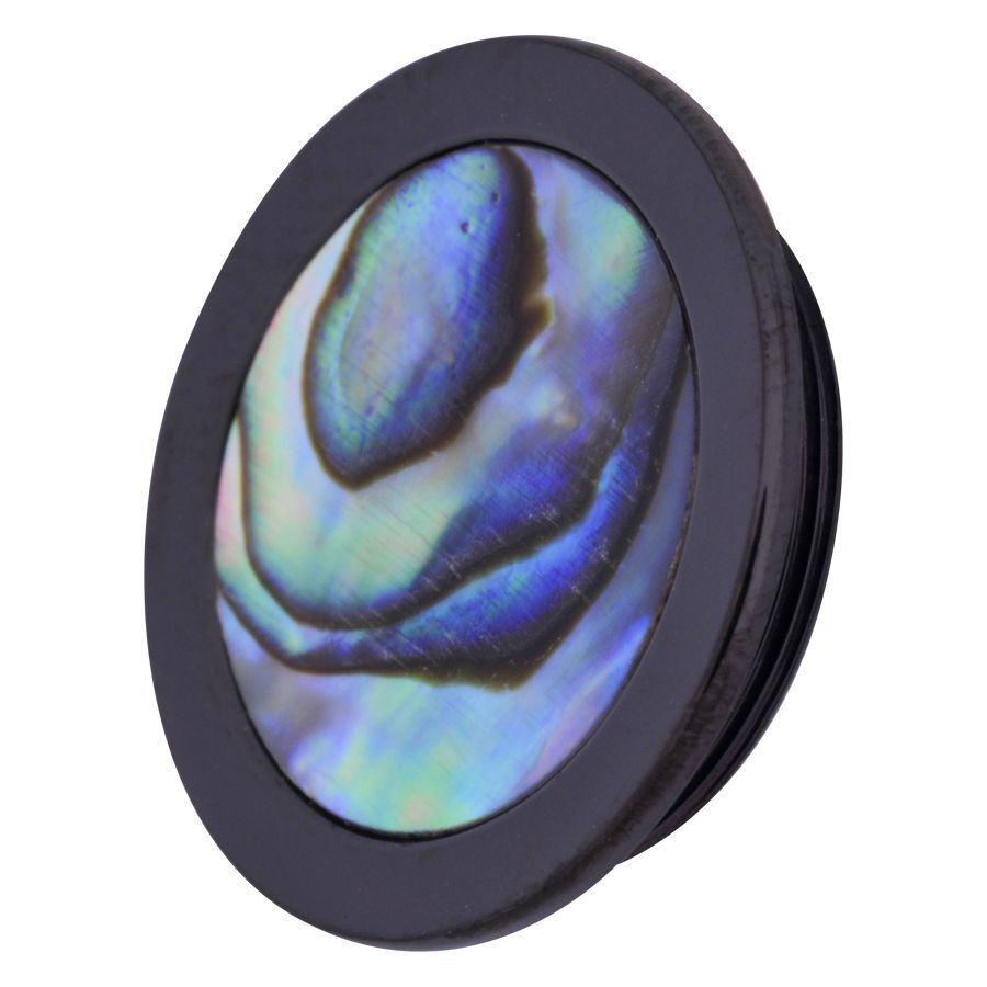 X-Change Abalone Plug aus Chirurgenstahl Schwarzer Plug mit schillerndem Abalone-Inlay auf weißem Hintergrund