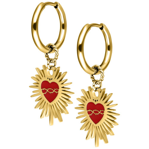 Enamel Sacred Heart Barbed Wire Hoops Pair - Golden Metal