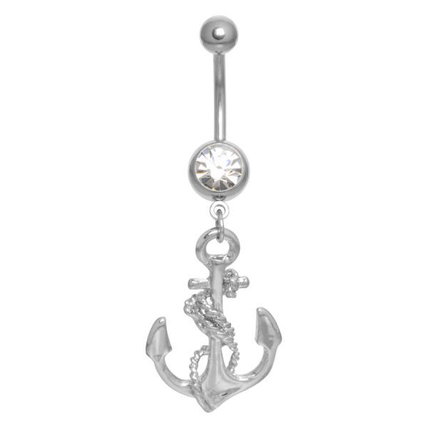 Silbernes Anchor Bauchnabelpiercing mit Kristall Silbernes Bauchnabelpiercing mit Ankeranhänger und Kristall auf weißem Hintergrund