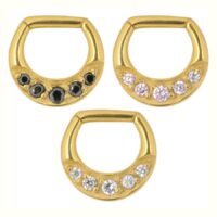 Drei goldene Septum Clicker mit schwarzen, rosa und klaren Kristallen