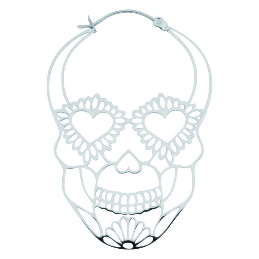 Silberne Sugarskull Ohrringe aus Chirurgenstahl mit Herz- und Blumenmuster
