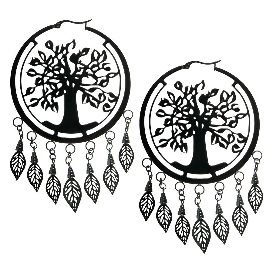 Baum des Lebens Ohrringe in Schwarz Schwarze Ohrringe mit Baum des Lebens Motiv und Blätteranhängern auf weißem Hintergrund