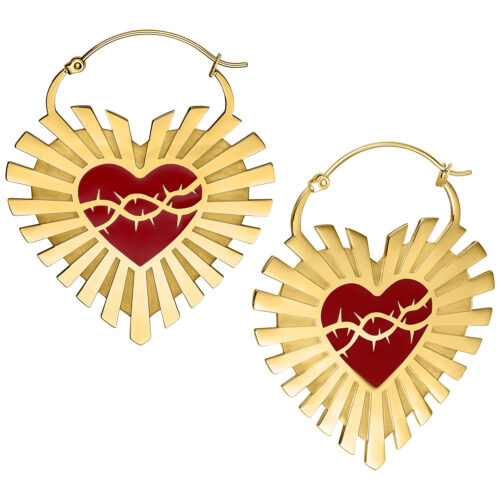 Barbed Wire Sacred Heart Hoops Pair - Golden Metal