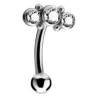 Titan Augenbrauenpiercing mit Kristallen Silbernes Micro Bananabell mit drei funkelnden Kristallen auf weißem Hintergrund