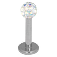 Silber Titan Labret mit Aurora Boreale Kristall Silberner Titan Labret mit 3,0 mm Aurora Boreale Kristall auf weißem Hintergrund
