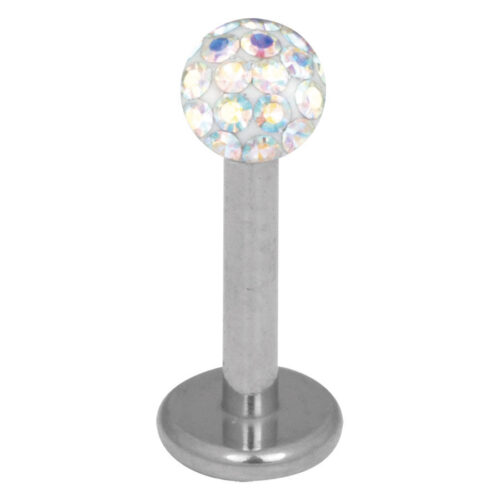 Silberner Titan Labret mit 3,0 mm Aurora Boreale Kristall auf weißem Hintergrund