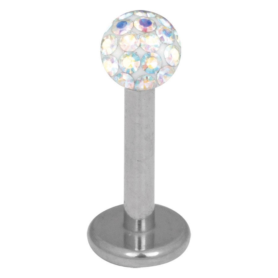 Silber Titan Labret mit Aurora Boreale Kristall Silberner Titan Labret mit 3,0 mm Aurora Boreale Kristall auf weißem Hintergrund