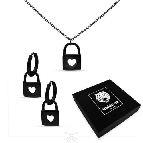 Little Lock Necklace with Hoops Set - Black Metal