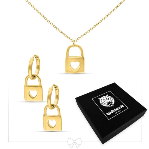 Little Lock Necklace with Hoops Set - Golden Metal