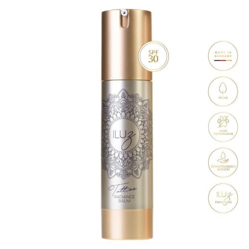 Silberne Flasche Radiance Balm mit goldenem Deckel und Mandala-Design