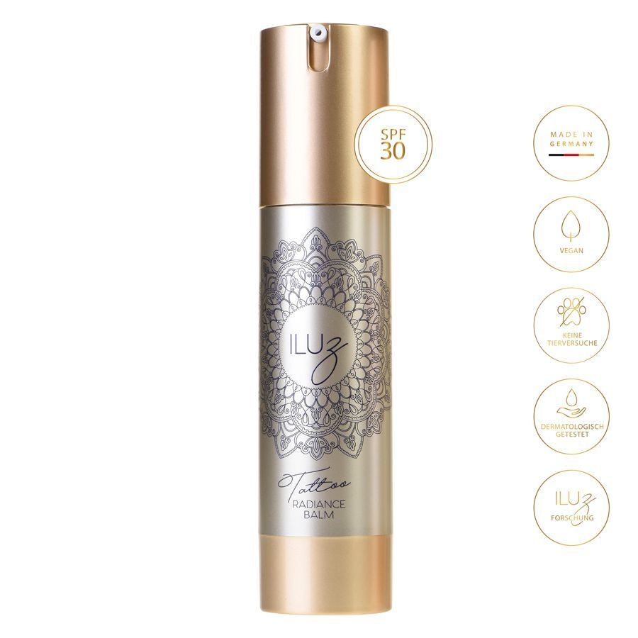 Silberne Flasche Radiance Balm mit goldenem Deckel und Mandala-Design