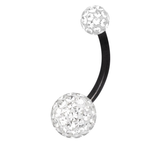 Bauchnabelpiercing aus schwarzem Titan mit kristallklaren Steinen, auf weißem Hintergrund