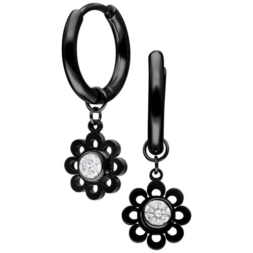 Mini Crystal Flower Hoops Pair - Black Metal