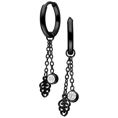 Mini Crystal Leaf Hoops Pair - Black Metal