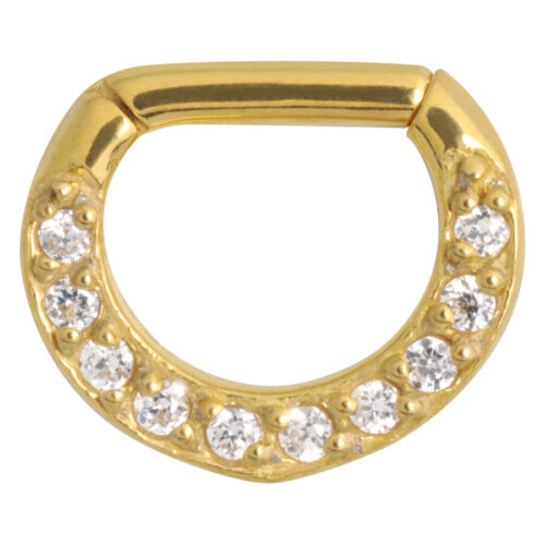 Goldener Septum Clicker mit klaren Kristallen auf weißem Hintergrund