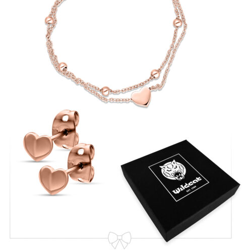Little Heart Bracelet Double Row with Earstuds Set - Rosegold