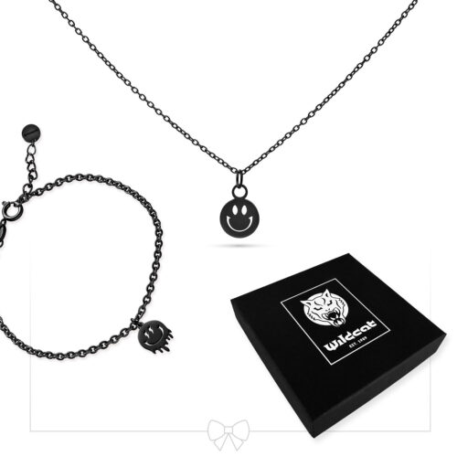 Little Smiley Bracelet with Necklace Set - Black Metal